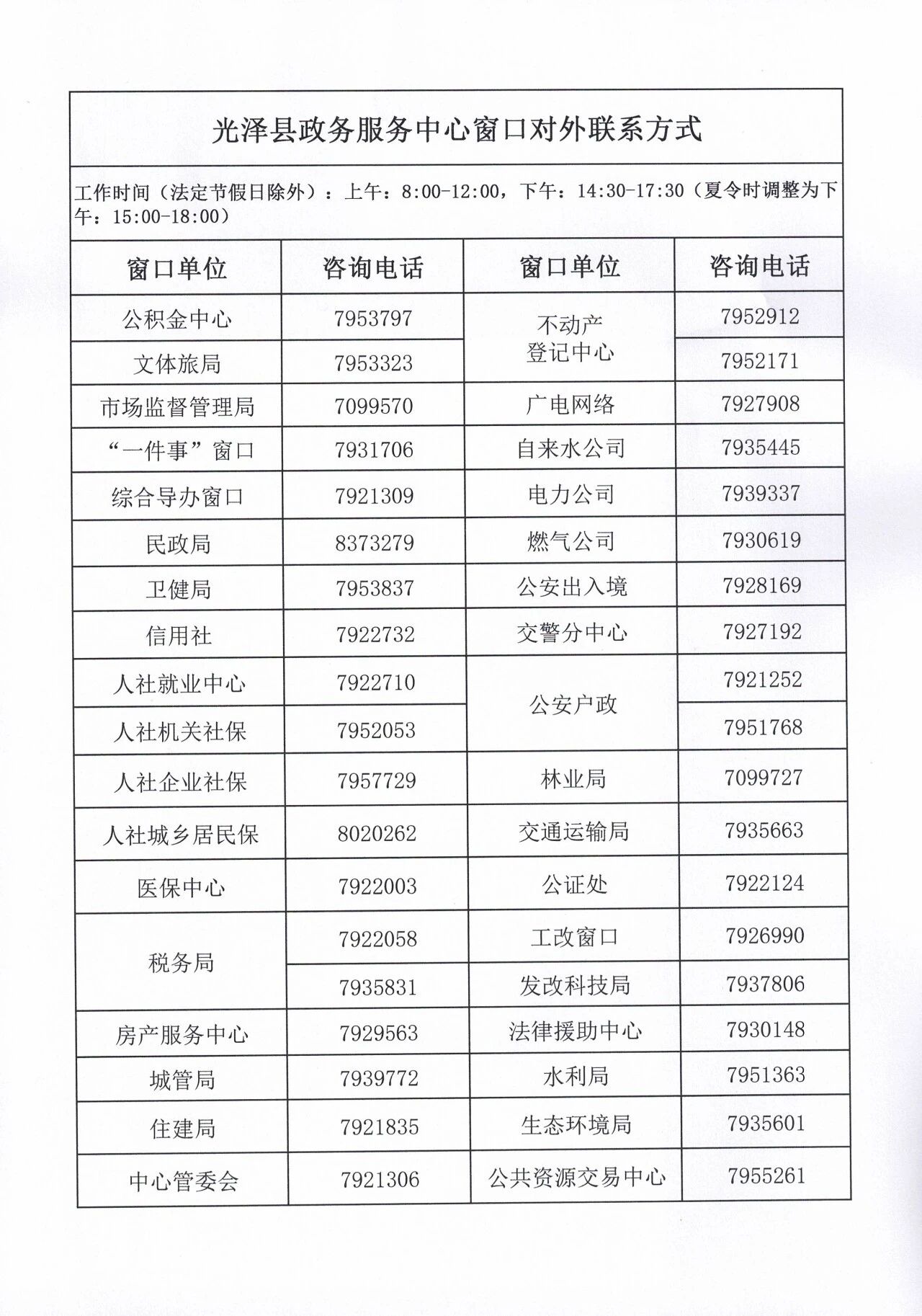 光泽县政务服务中心联系电话
