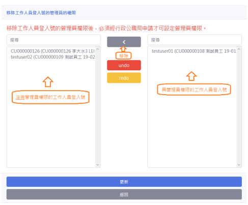 左方為沒有管理員權限的工作人員登入號