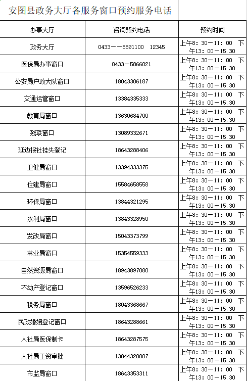 安图县政务服务大厅咨询电话