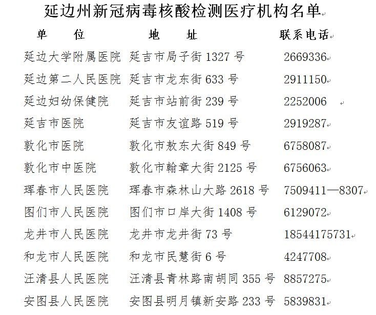 延边州新冠病毒核酸检测机构联系信息