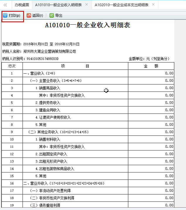河南省A101010一般企业收入明细表打印预览页面