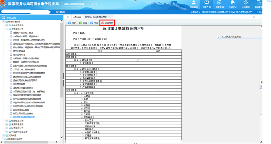 若发现声明中数据有误，可以点击【返回修改】进行数据修改