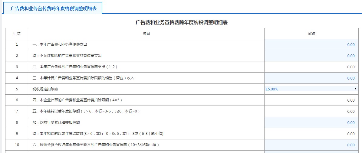 A105060广告费和业务宣传费跨年度纳税调整明细表