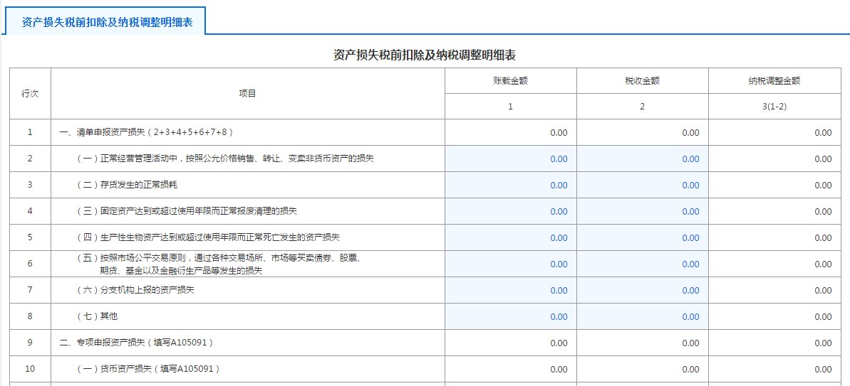 A105091资产损失（专项申报）税前扣除及纳税调整明细表