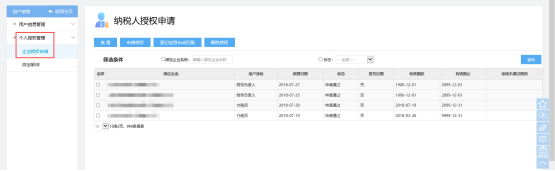  选择【个人授权管理】-【企业授权申请】菜单