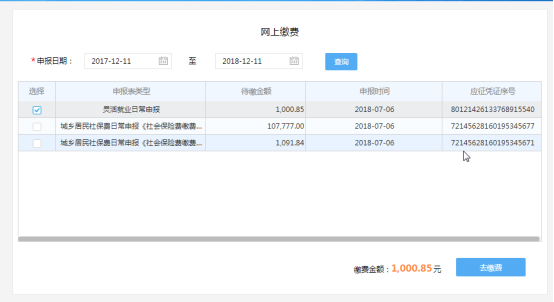 输入需查询的待缴信息的申报日期区间