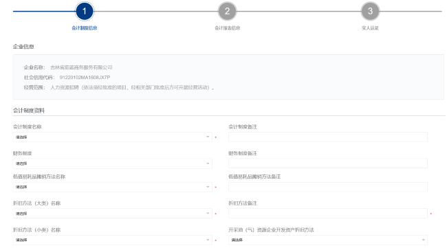 根据系统提示填写财务会计制度信息