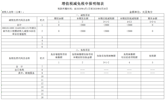 增值税减免税申报明细表