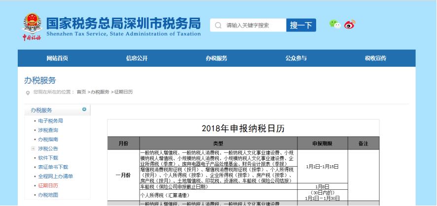 深圳市电子税务局办税日历