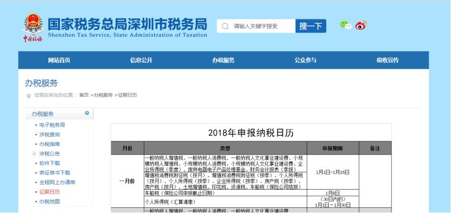 深圳市电子税务局办税日历 深圳市电子税务局办税日历