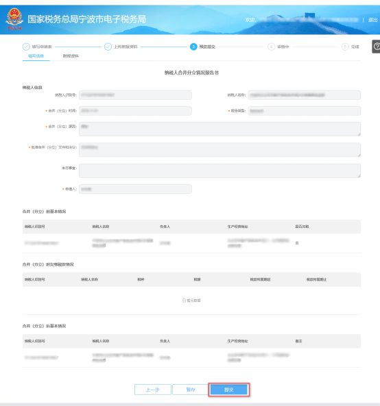 宁波市电子税务局申请合并分立报告预览提交