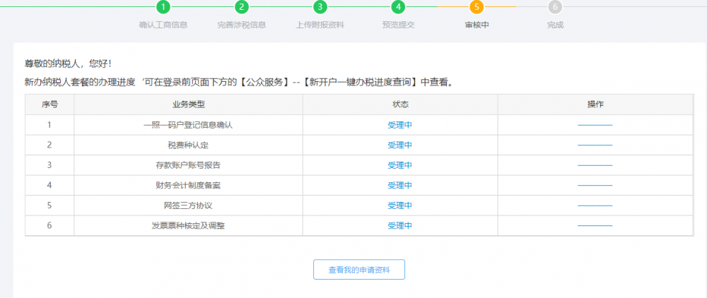 提示纳税人在公众查询中查看新纳税人套餐的办理进度