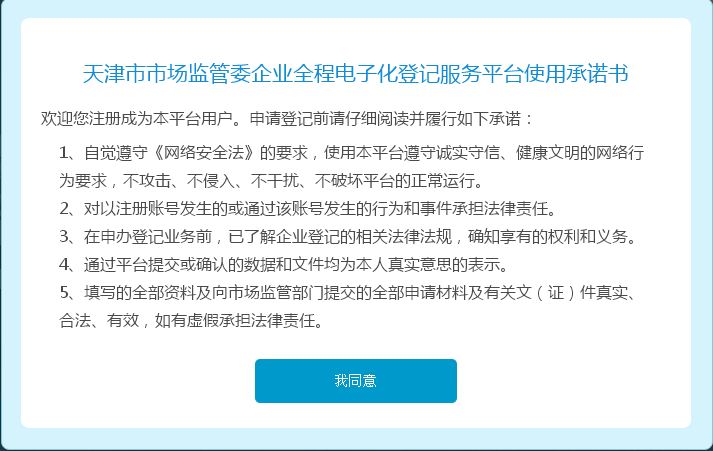 天津市市场监管委企业登记全程电子化服务平台使用承诺书